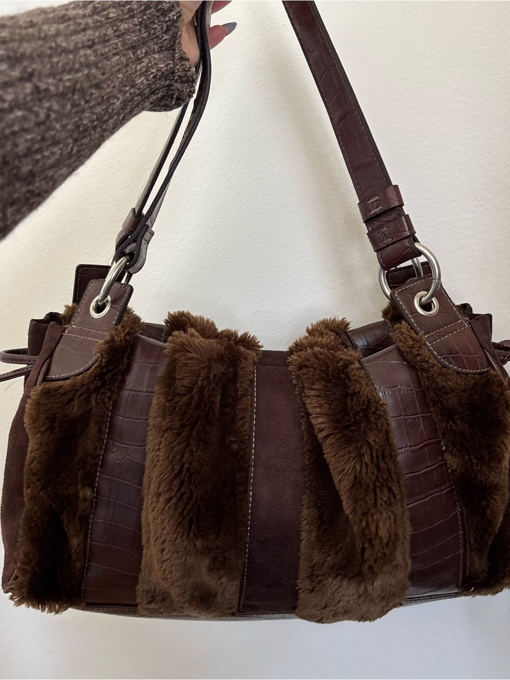 🍂Fall Apostrophe Brown Faux Fur & Croc-Embossed Shoulder Bag